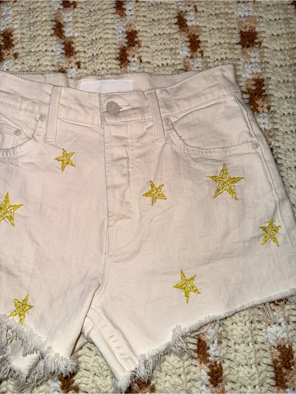 Mother Superior Women's Cream Denim Star Embroidered Shorts